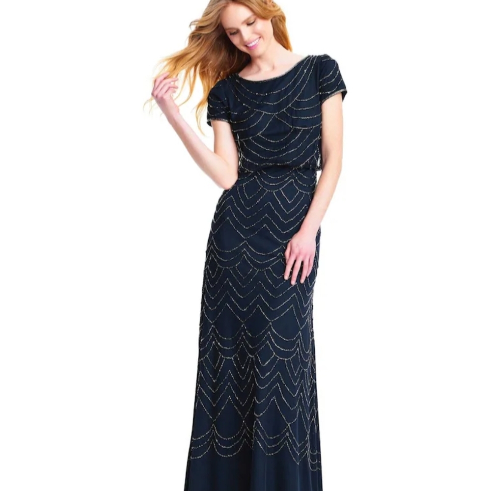 Adrianna Papell Navy Maxi Dress with Gold Accents